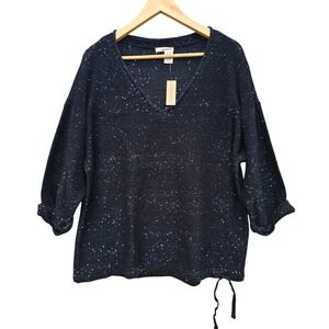 DKNY NWT‎ Black V Neck Sequin Embellished Knit Sweater Top Elbow Sleeve Size XL
